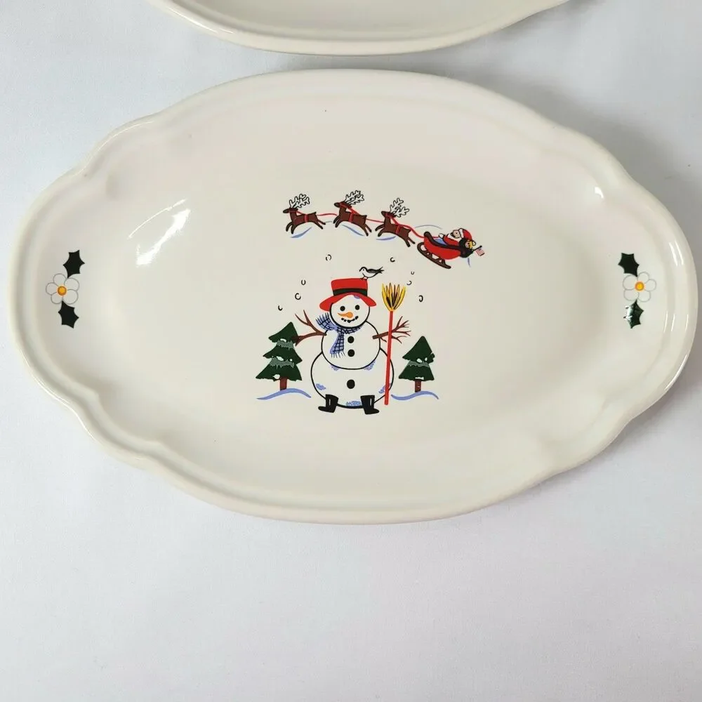 Pfaltzgraff Snow Village Relish Oval Dish Plate Vtg Christmas Snowman Set of 6